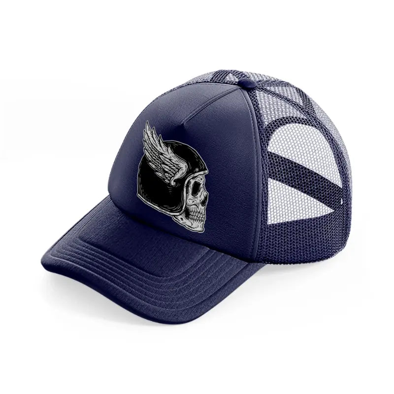 dark skull helmet with wing art-navy-blue-trucker-hat