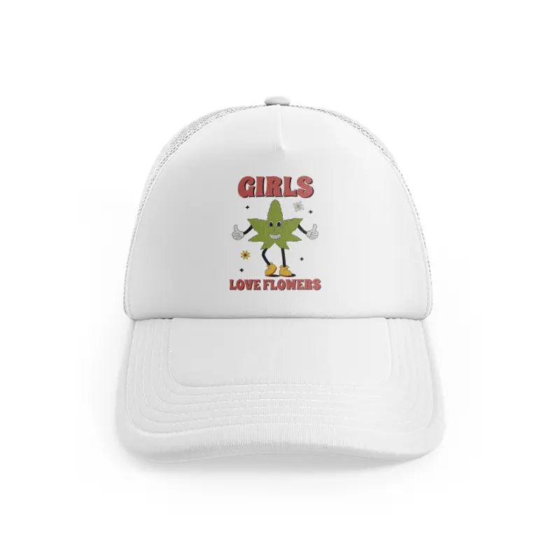 retro groovy 70s cannabis leaf character white trucker hat