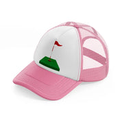 red flag cartoon-pink-and-white-trucker-hat