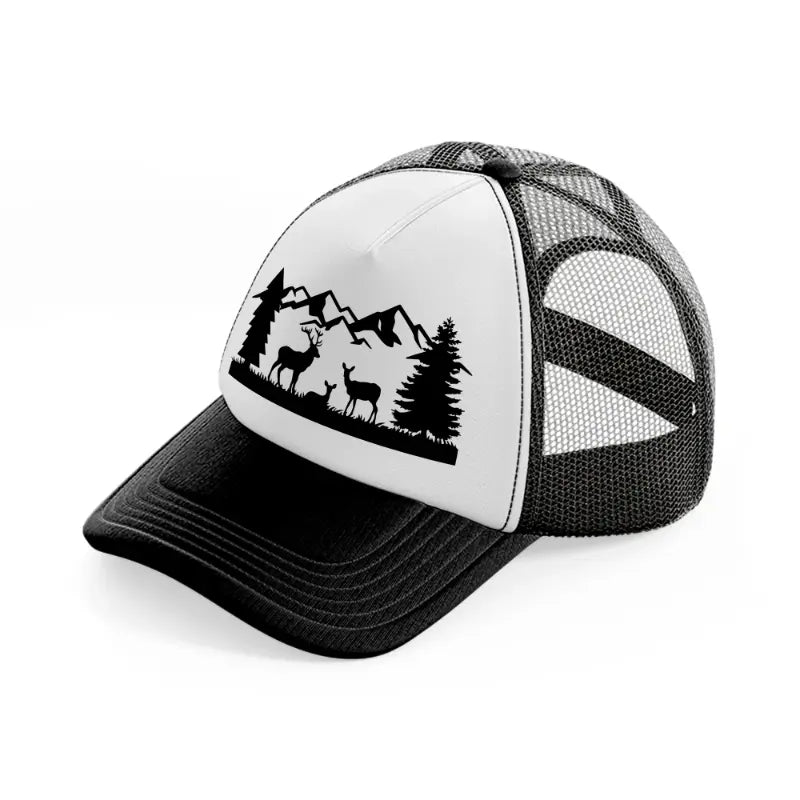 deer mountains-black-and-white-trucker-hat