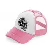 skull head flower side face-pink-and-white-trucker-hat