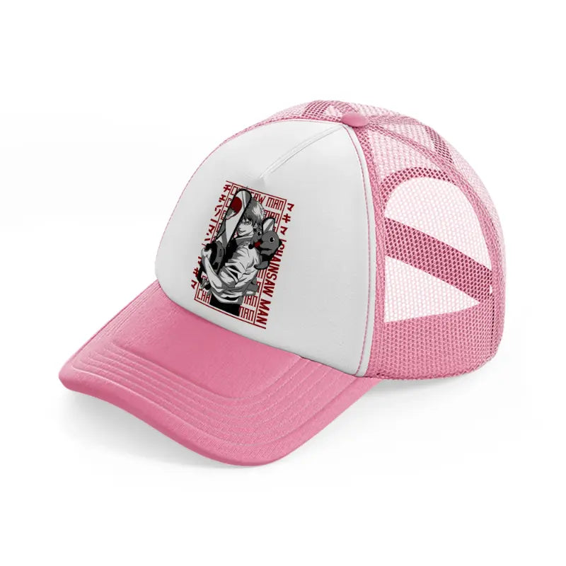 denji and pochita-pink-and-white-trucker-hat