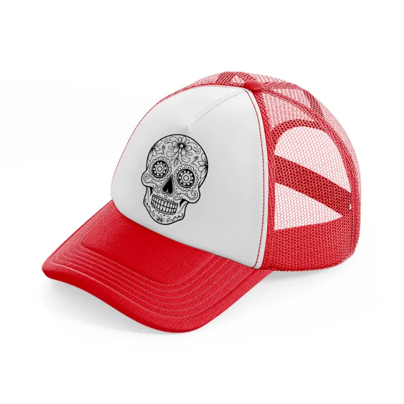 flower skull-red-and-white-trucker-hat