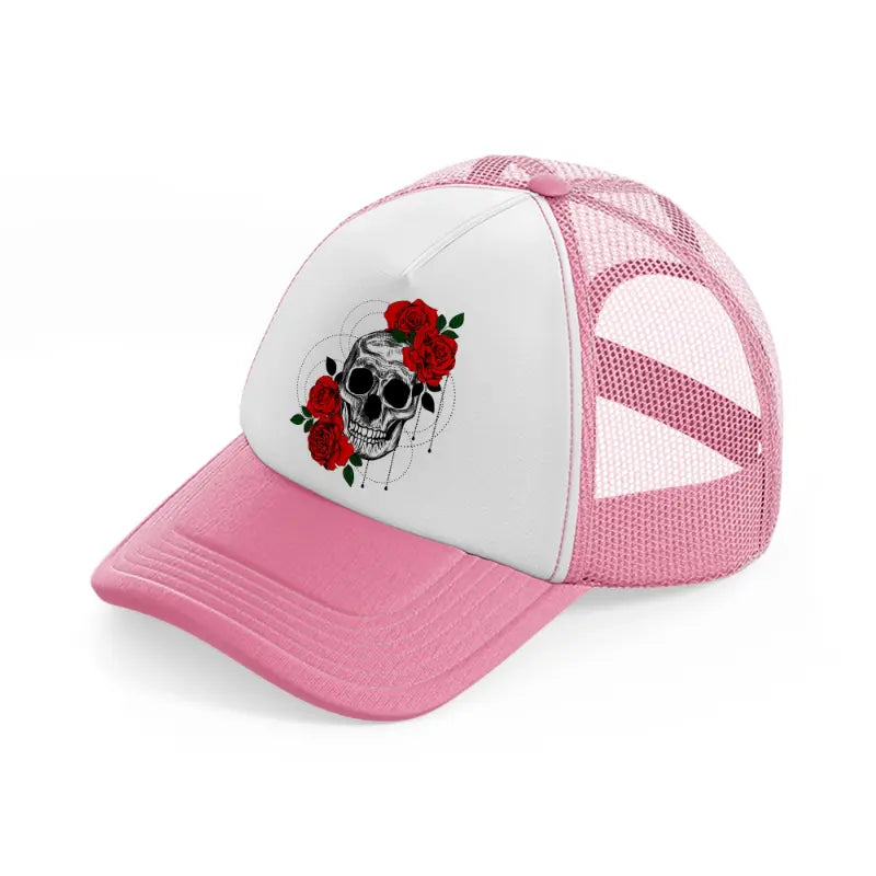 skull roses-pink-and-white-trucker-hat