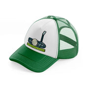 golf ball with stick-green-and-white-trucker-hat