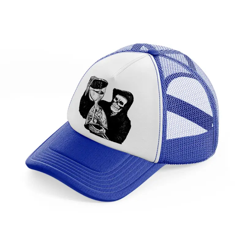 skull & hourglass-blue-and-white-trucker-hat