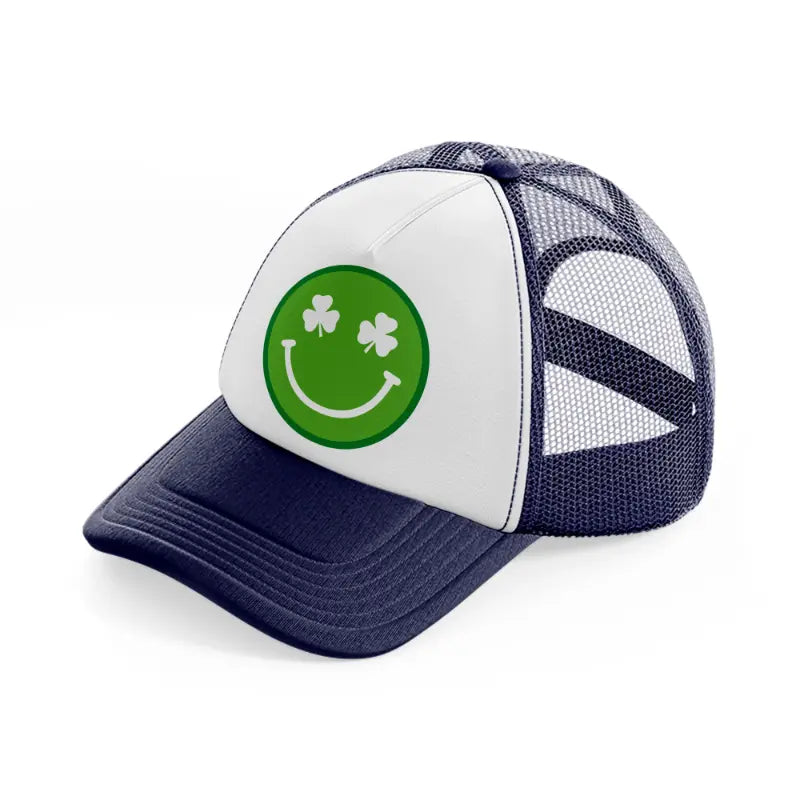 smiley face clover-navy-blue-and-white-trucker-hat