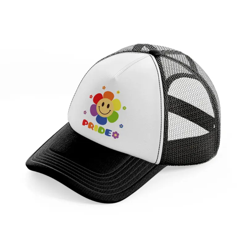 pride smiley flower-black-and-white-trucker-hat