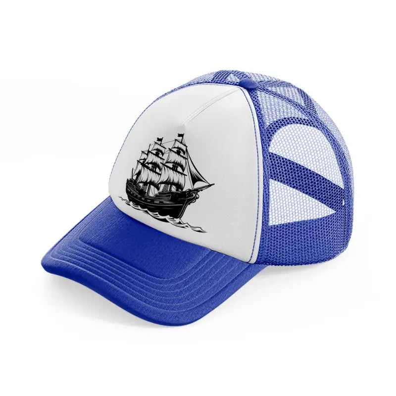 b&w pirate ship-blue-and-white-trucker-hat