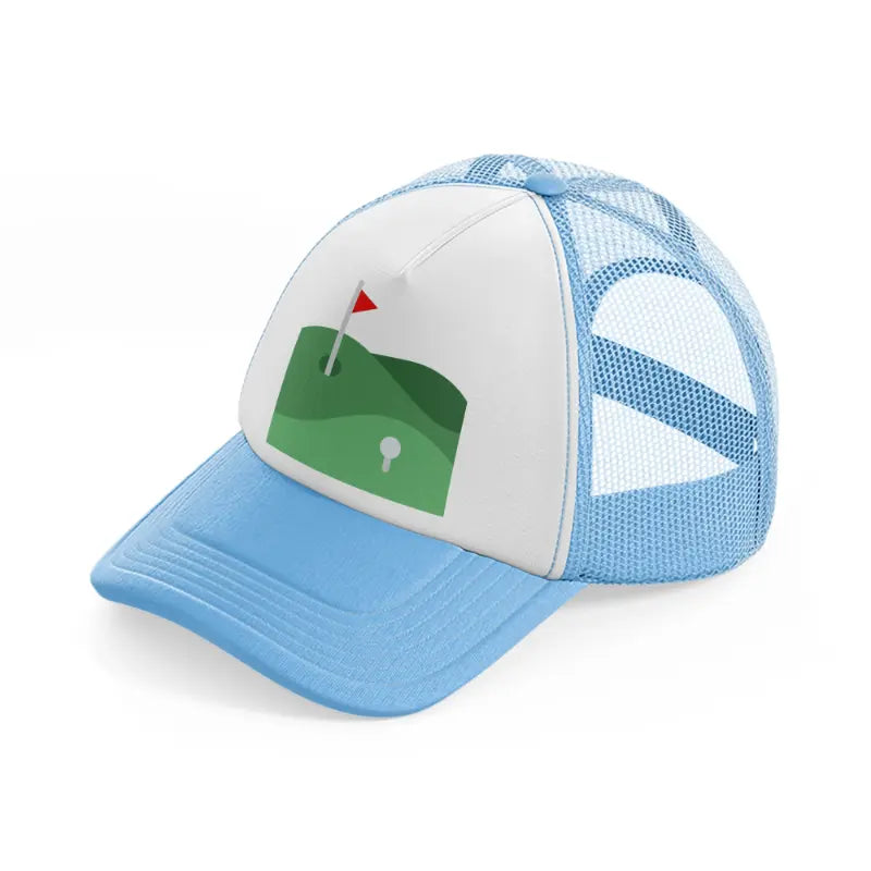 golf course flag sky blue trucker hat