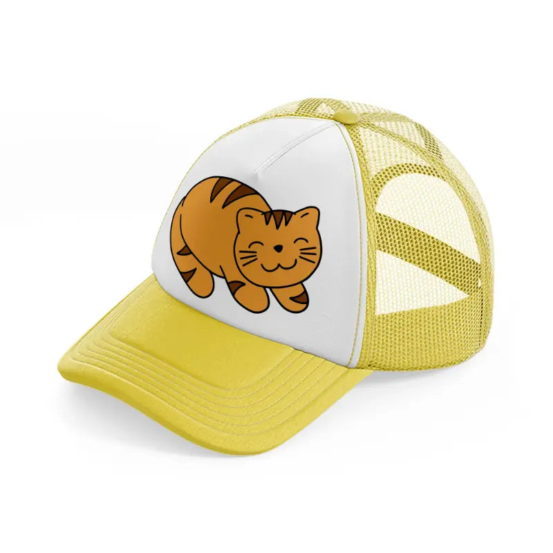 cat smiling yellow trucker hat