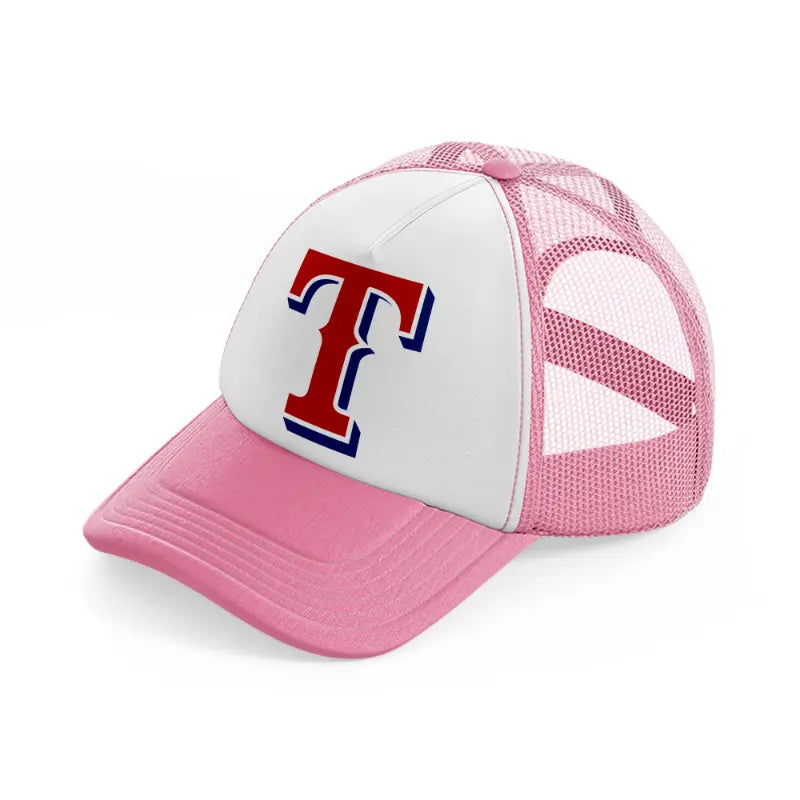 texas rangers emblem-pink-and-white-trucker-hat