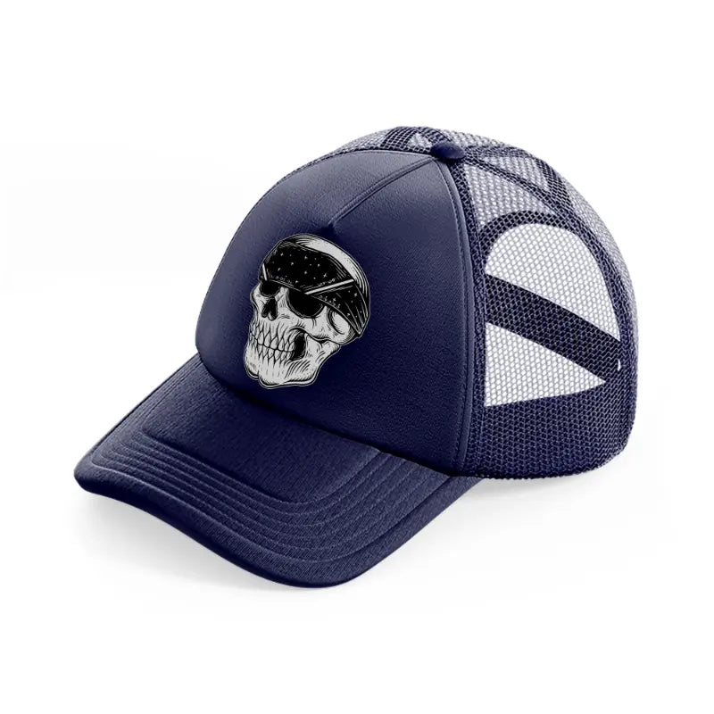 skull gangster with bandana-navy-blue-trucker-hat