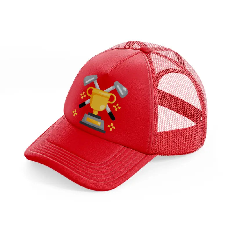 trophy with stick-red-trucker-hat