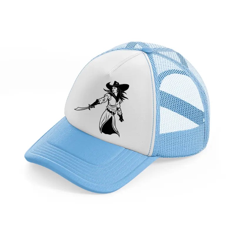 lady with sword sky blue trucker hat