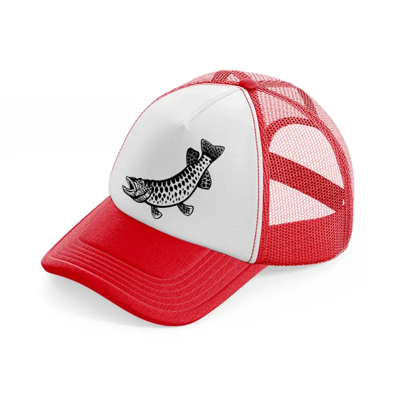 muskellunge fish-red-and-white-trucker-hat
