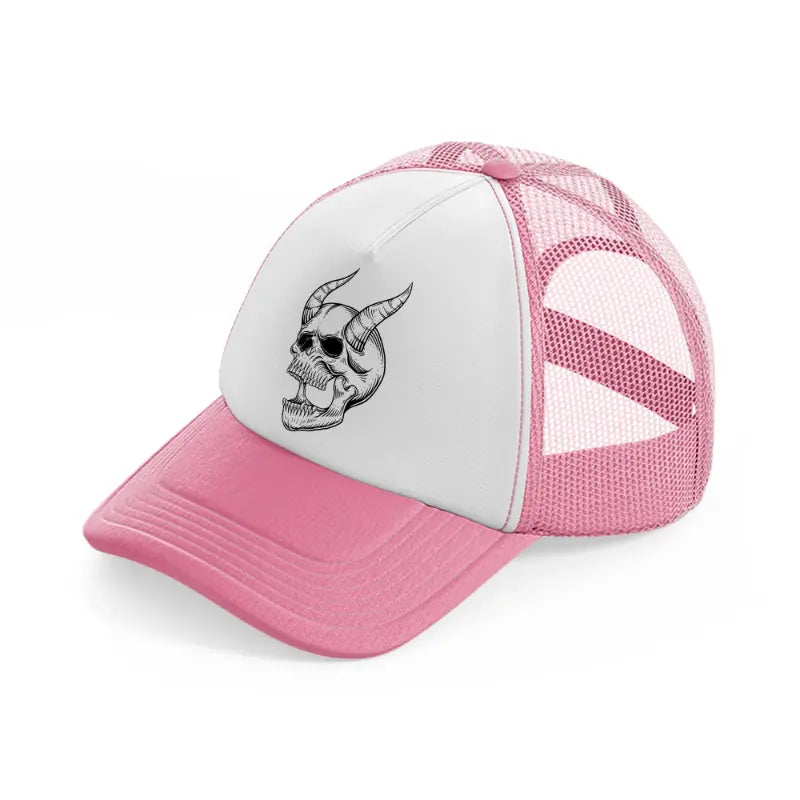 demon skull laughing-pink-and-white-trucker-hat