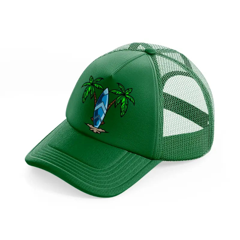 surf board green trucker hat