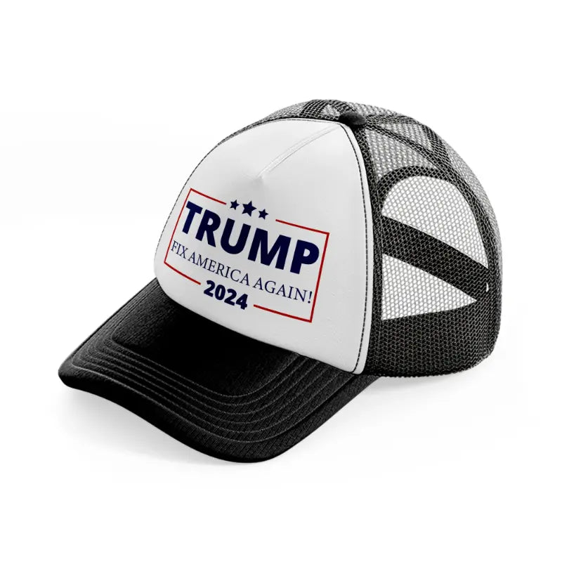 Trump 2024 Fix America Again black-and-white Trucker Hat