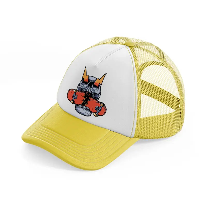 skull with skateboard in mouth-yellow-trucker-hat