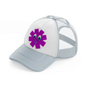 purple smiley flower grey trucker hat