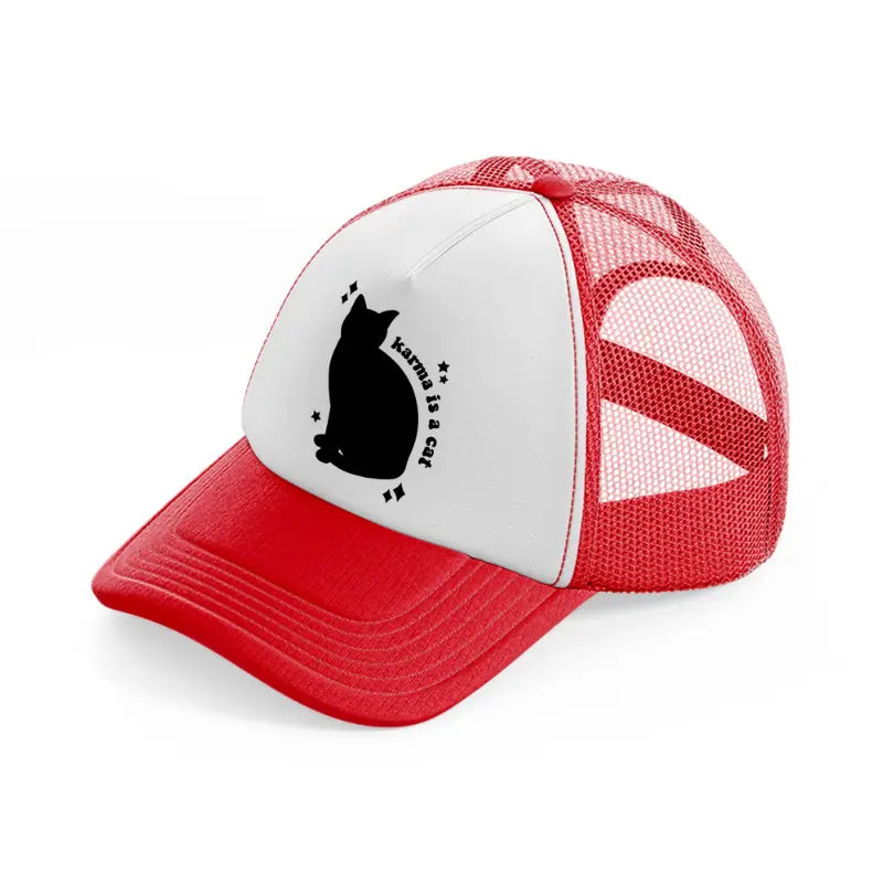 karma is a cat-red-and-white-trucker-hat
