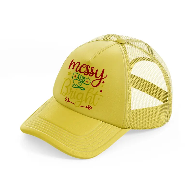 messy and bright-gold-trucker-hat
