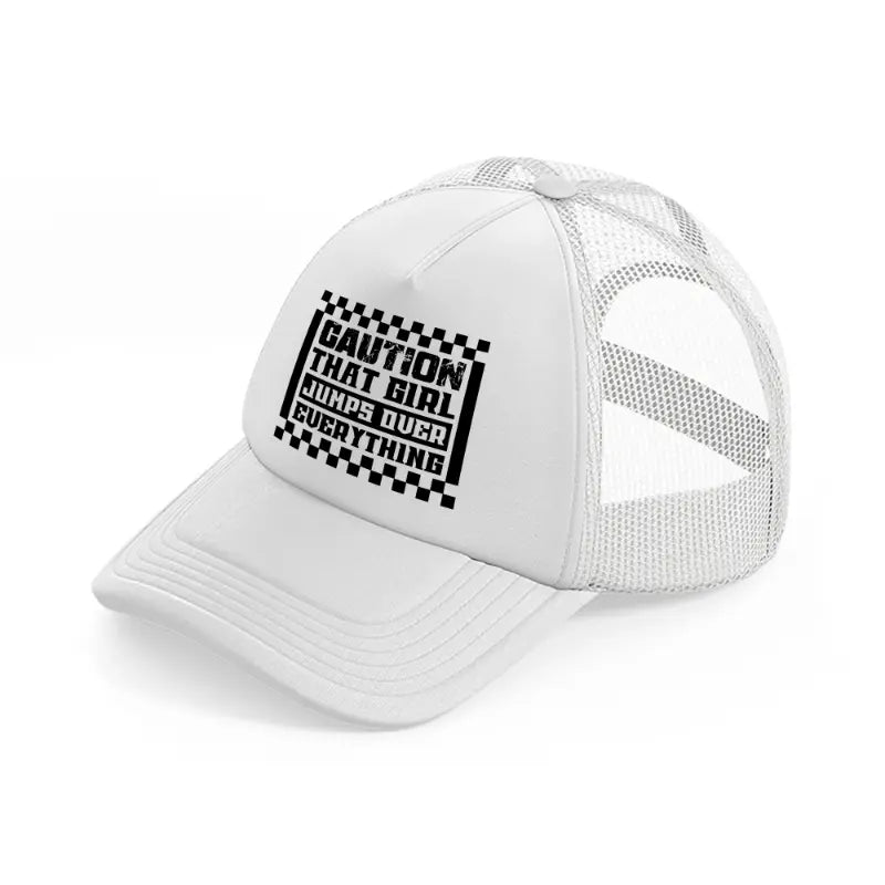 caution that girl jumps over everything-white-trucker-hat