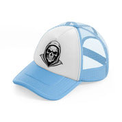 hoodied skull sky blue trucker hat