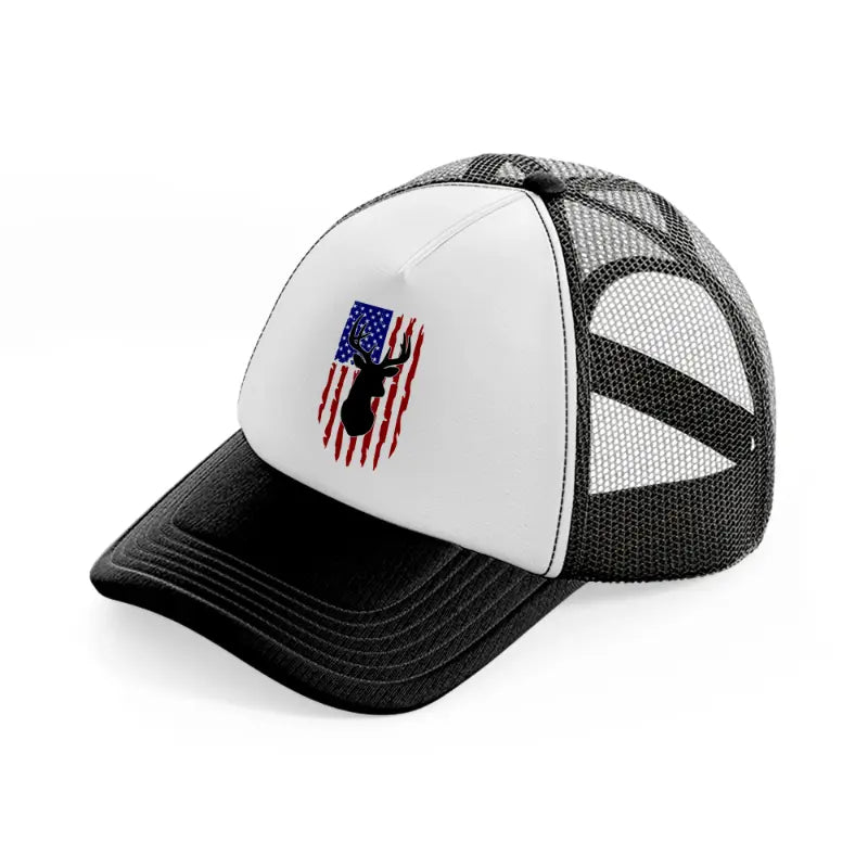 deer american flag-black-and-white-trucker-hat