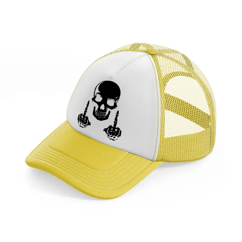 skull head middle finger-yellow-trucker-hat