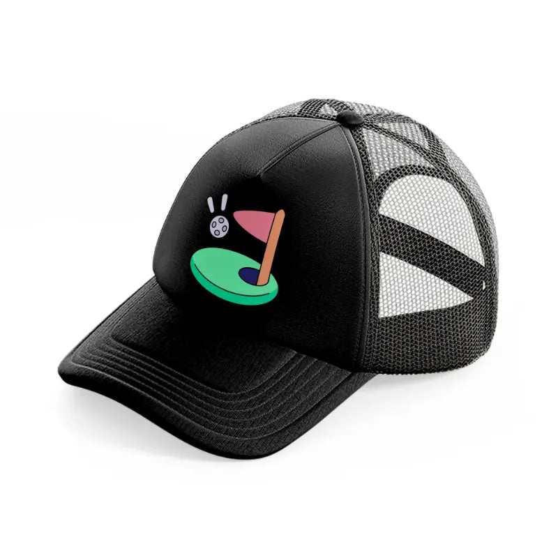 golf flag cartoon-black-trucker-hat