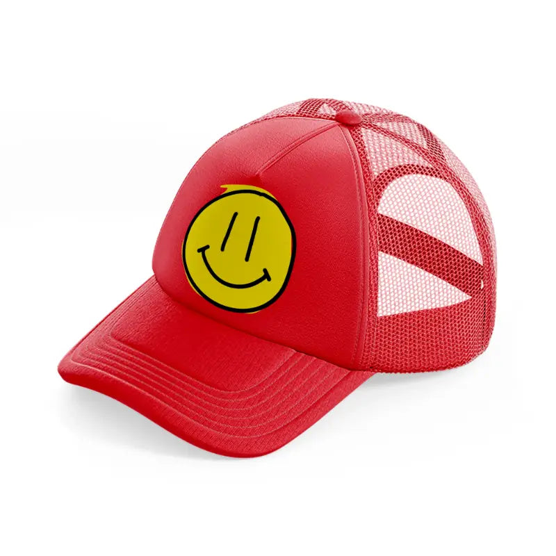 yellow happy face-red-trucker-hat