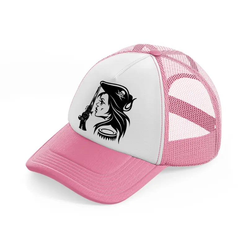 lady with gun pink and white trucker hat