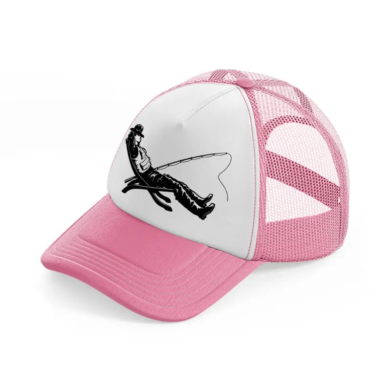 relaxing fishing-pink-and-white-trucker-hat