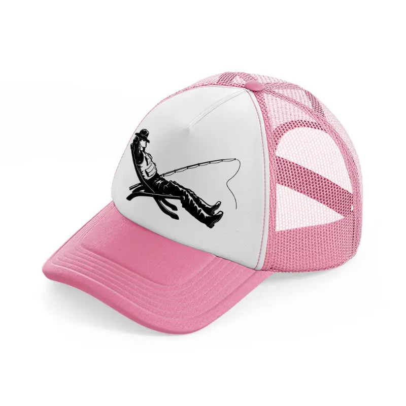 relaxing fishing pink and white trucker hat