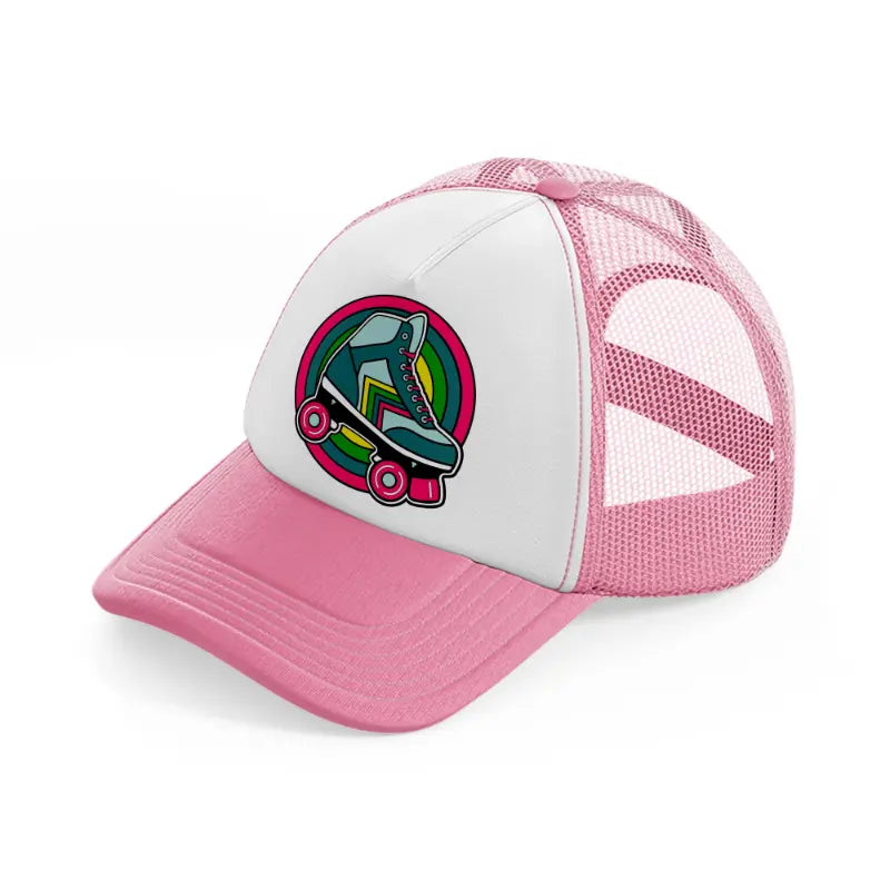 roller skates in circle-pink-and-white-trucker-hat