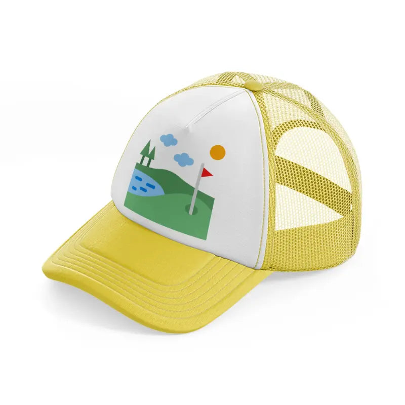 golf field river-yellow-trucker-hat