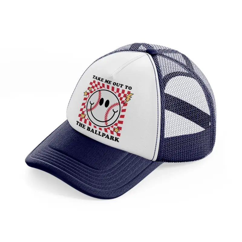 take me out to the ballpark-navy-blue-and-white-trucker-hat