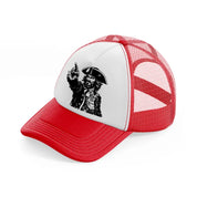 pirate finger pointing-red-and-white-trucker-hat