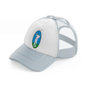 golfer taking shot grey trucker hat