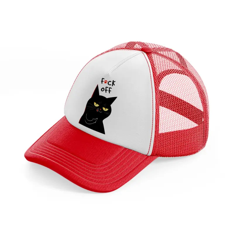 fuck off cat-red-and-white-trucker-hat