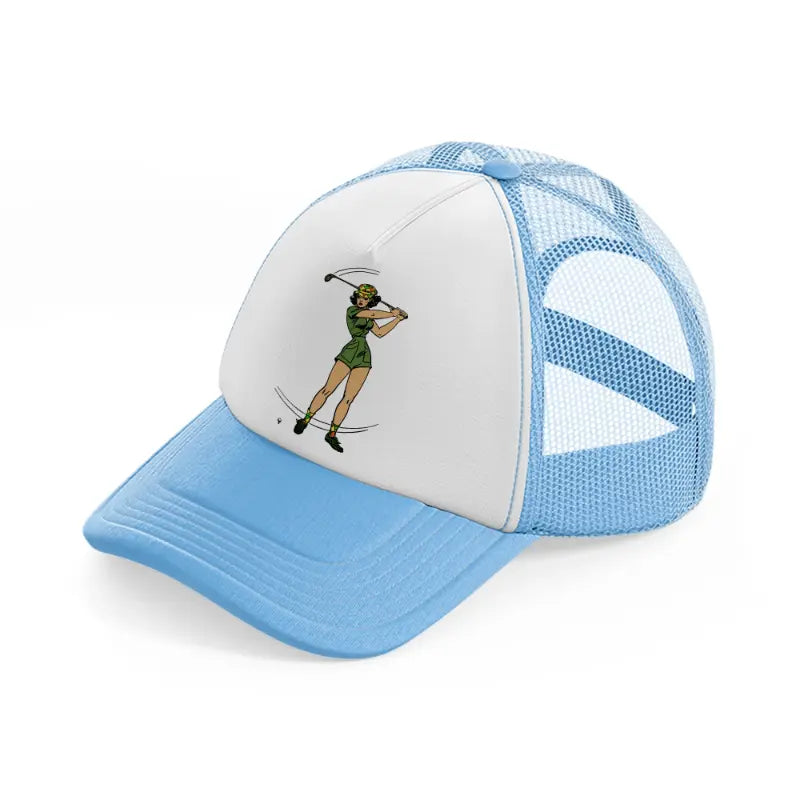 girl golfer green-sky-blue-trucker-hat