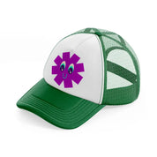 purple smiley flower green and white trucker hat