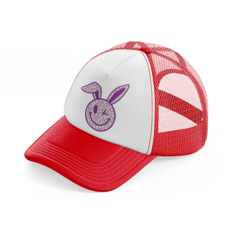 smiley bunny leopard print-red-and-white-trucker-hat
