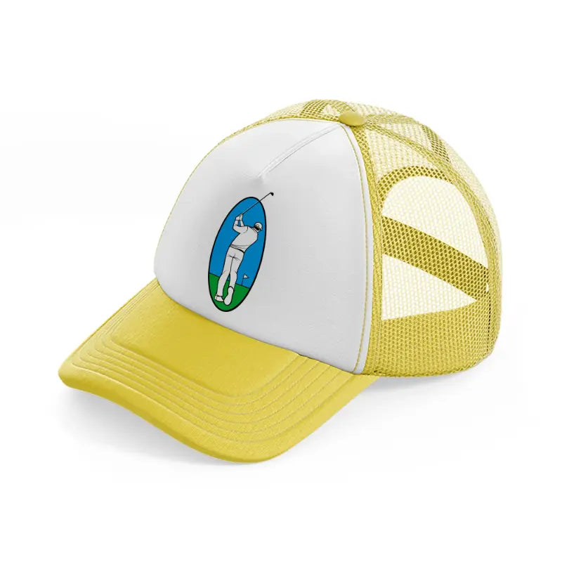 golfer taking shot-yellow-trucker-hat