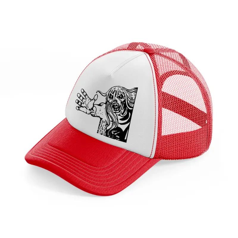 boogey man-red-and-white-trucker-hat