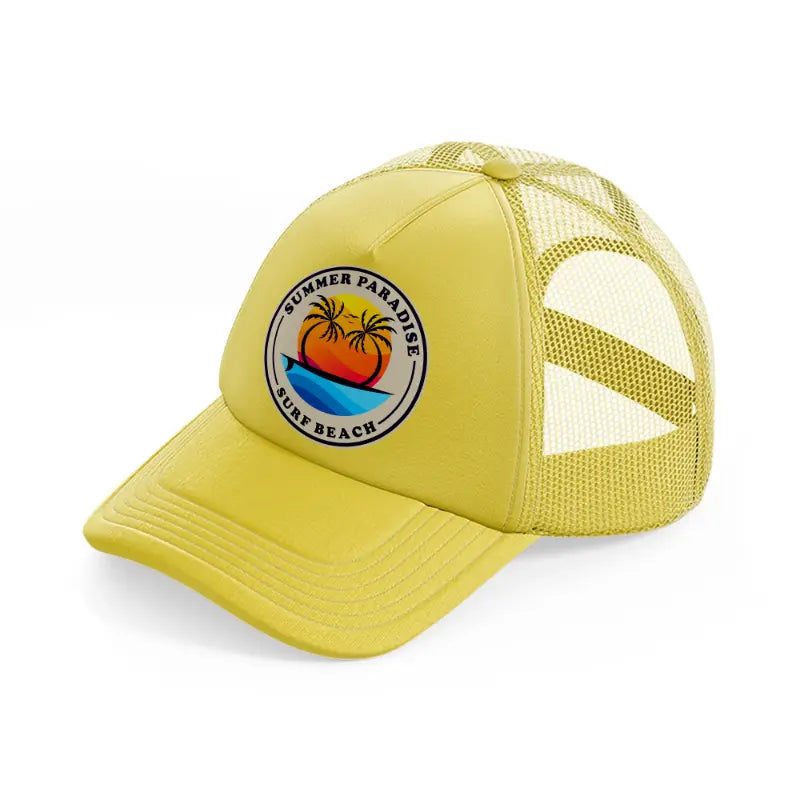 summer paradise surf beach-gold-trucker-hat