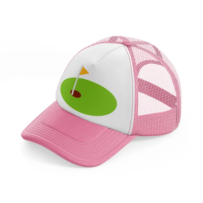 mini golf field pink and white trucker hat