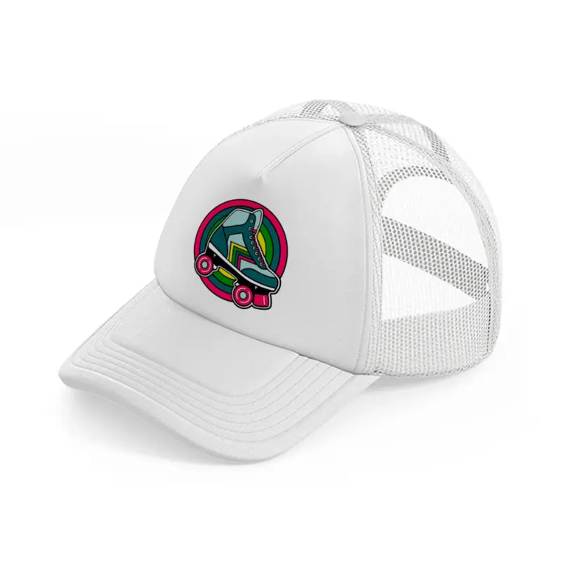 roller skates in circle white trucker hat